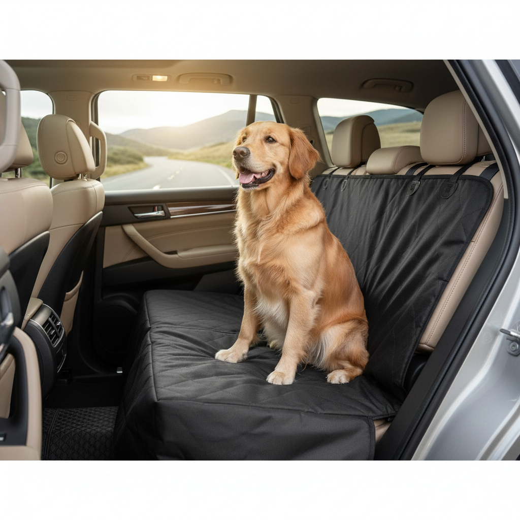 Golden retriever sitting on Cuubby waterproof car seat cover in a modern car interior