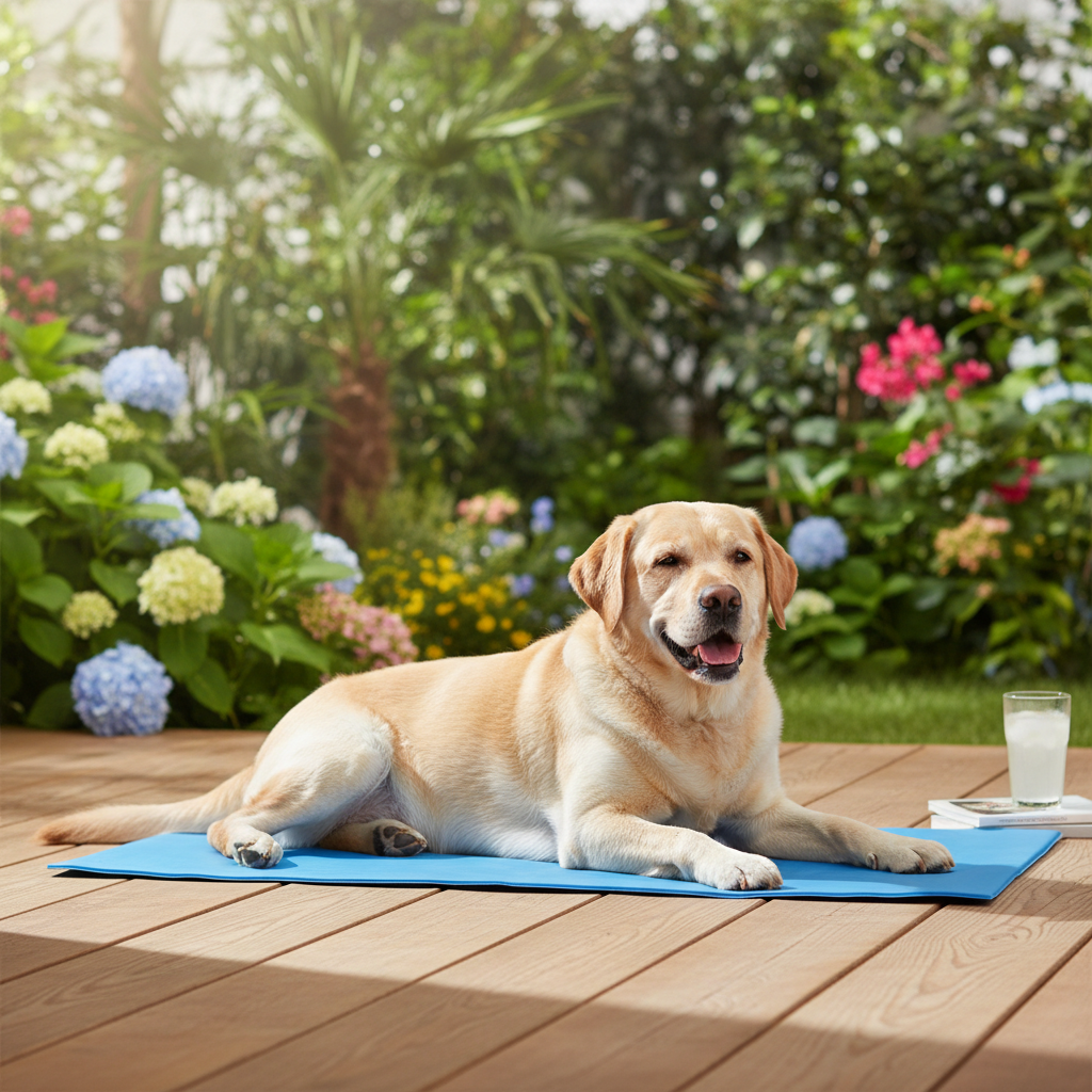Labrador lying on a blue CoolSnooze cooling mat on a sunny deck